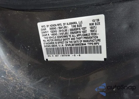 2009 Honda Odyssey Ex-L z USA, uszkodzony, nr VIN 5FNRL38739B023644